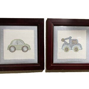 Set of 2 Framed Embroidery Art – Car & Tow Truck – 11"x11" Nursery Wall Decor